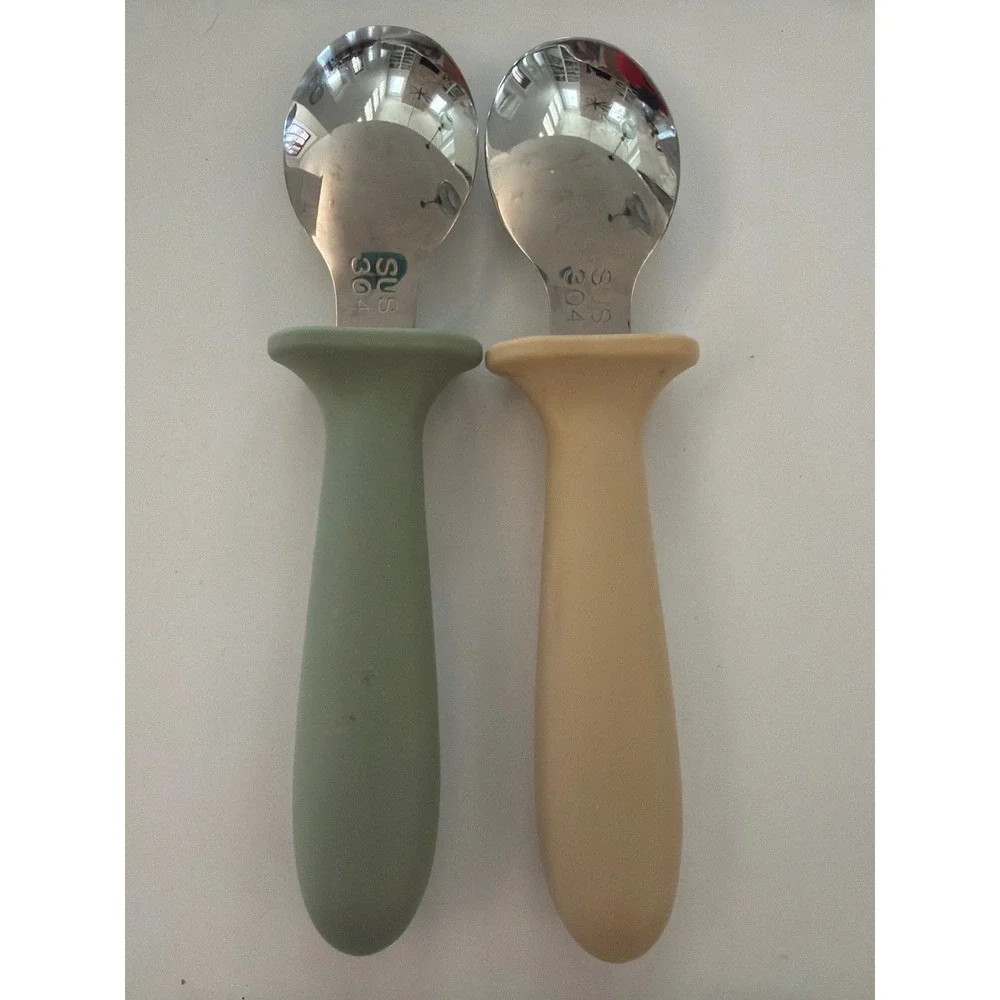 2Pc Baby Training Spoons SUS 304 Stainless Steel Silicone Easy Grip Sage Tan